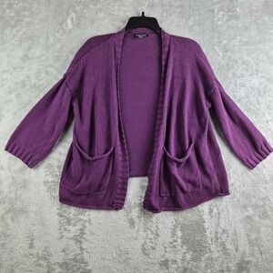 Eileen Fisher Cardigan Womens XS Purple Knit Open Front Patch Pockets 3/4 Sleeve